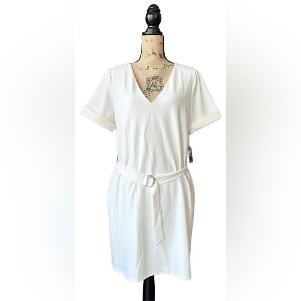 Express Dress, Knee Length Off White V‎ Neck with Belt, New With Tags, Size M